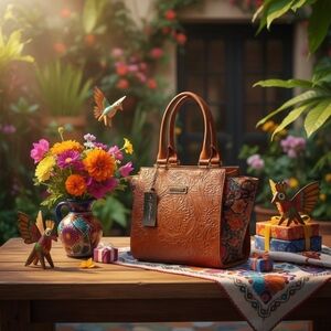 Floral Cork Cognac Brown Embossed Tooled Artisan LEATHER Hobo Bag Purse Tote